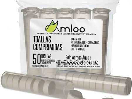 AMLOO 50 Toallas Comprimidas Mágicas. Mini Toalla de Viaje para Salud y Deportes al Aire Libre. Pequeña Toalla Facial, Oshibori y Toallita Desechable, Portátil con 5 Estuches de Transporte Embalaje Deteriorado Discount