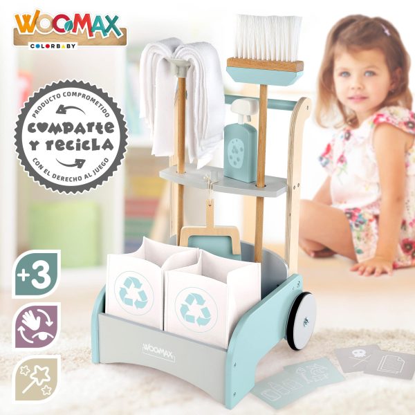 Woomax 49298 Carro de Limpieza de Juguete, Carrito de Madera con Accesorios de Limpieza, Juguete Educativo para Niños Embalaje Deteriorado Fashion