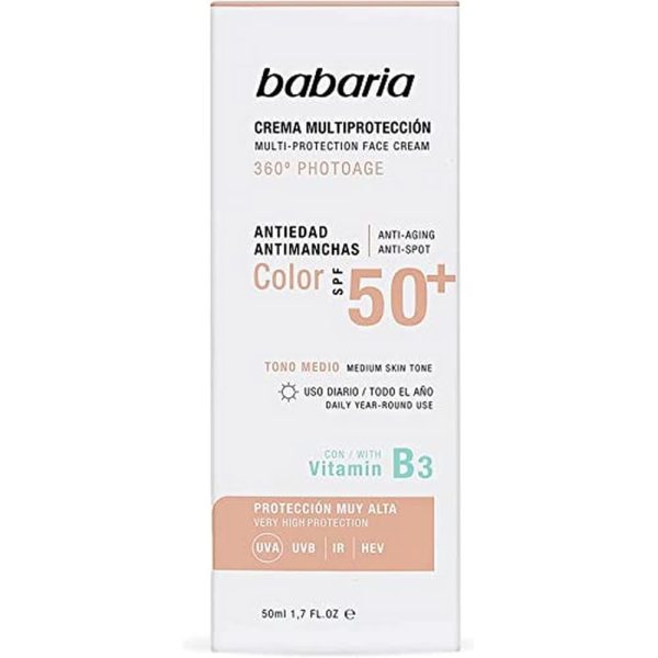 Babaria - Crema Facial de Día con Color, Multiprotección 360º Photoage, Antiedad y Antimanchas, SPF50+ UVA-UVB e Infrarrojos, con Vitamina B3, Tono Medio, Vegano, Unisex - 50 ml Embalaje Deteriorado Supply