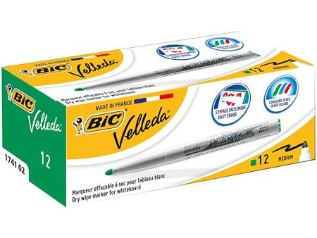 (Faltan 2 unidades, incluye 10) Bic Velleda 1741 - Caja de 12 unidades, marcadores de pizarra punta media, color verde Embalaje Deteriorado Supply