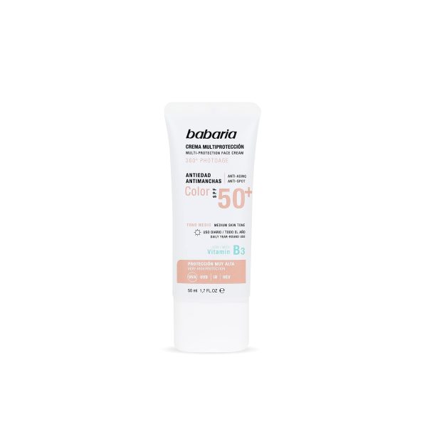 Babaria - Crema Facial de Día con Color, Multiprotección 360º Photoage, Antiedad y Antimanchas, SPF50+ UVA-UVB e Infrarrojos, con Vitamina B3, Tono Medio, Vegano, Unisex - 50 ml Embalaje Deteriorado Supply