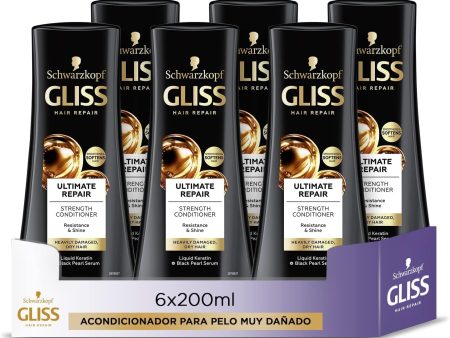 Acondicionador Gliss Ultra Reparación Ultimate Repair para Pelo muy Dañado con Keratina Líquida, Pack de 6 unidades de 200ml (1200 ml) Embalaje Deteriorado Supply