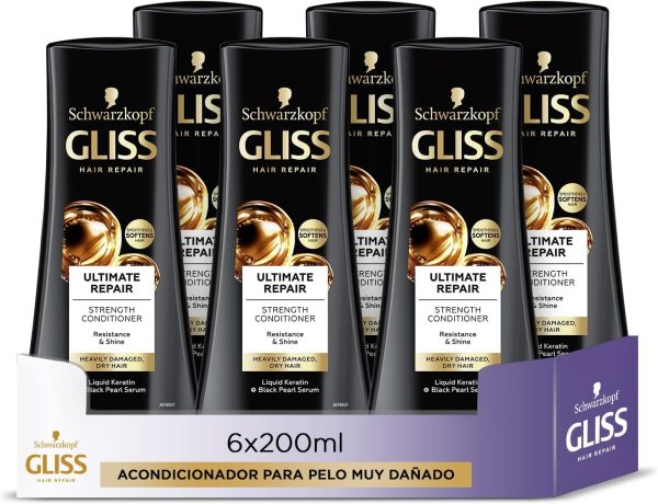 Acondicionador Gliss Ultra Reparación Ultimate Repair para Pelo muy Dañado con Keratina Líquida, Pack de 6 unidades de 200ml (1200 ml) Embalaje Deteriorado Supply