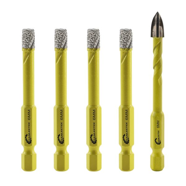 (Faltan 3 Brocas, Incluye 2) Set de Brocas Diamante Seco - 4 piezas de 6mm Sierra Perforadora y 1 pieza de 6mm Taladro Carburo con Mango Hexagonal Cambio Rápido para Cerámica Porcelana Granito Mármol Cuarzo Gres SANLEETEK Embalaje Deteriorado For Cheap