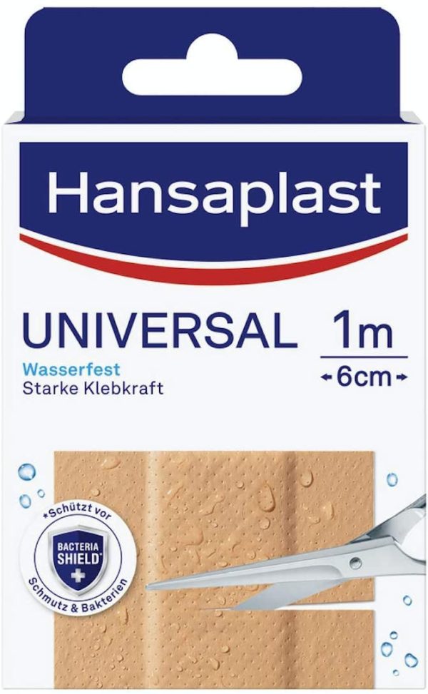 Apósito universal Hansaplast (1 m x 6 cm), apósito para heridas que repele la suciedad y el agua, rollo de apósito cortado a medida con fuerte poder adhesivo y Bacteria Shield Embalaje Deteriorado (Cad: 30 09 2028) Discount