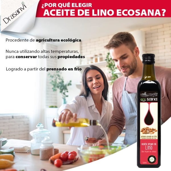 Aceite de Lino Bio ECOSANA | Alto Contenido en Omega 3, 6 y 9 | Laxante Natural | Aporte de Fitoestrógenos | Protección Cardiovascular | Para Utilizar en Crudo | 500 ml Embalaje Deteriorado Cheap