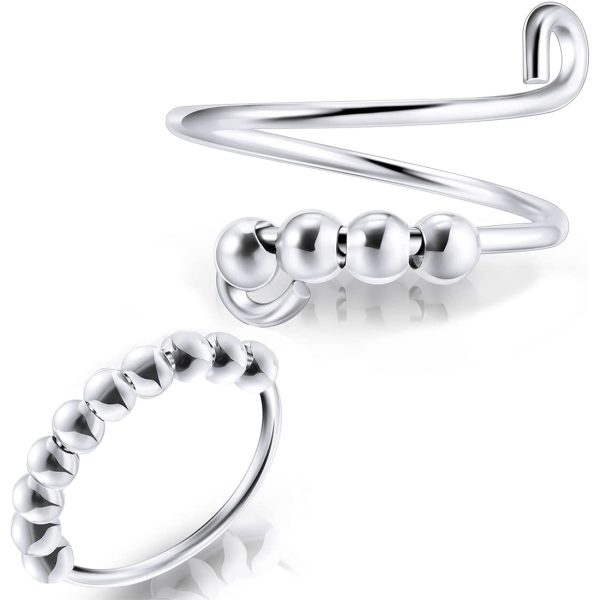 Anillos de Ansiedad con Cuentas - Set de 2 Anillos Fidget Giratorios de Plata en Espiral con Bolsa de Almacenamiento (Faklta 1 unidad, incluye 1) Embalaje Deteriorado Online Hot Sale