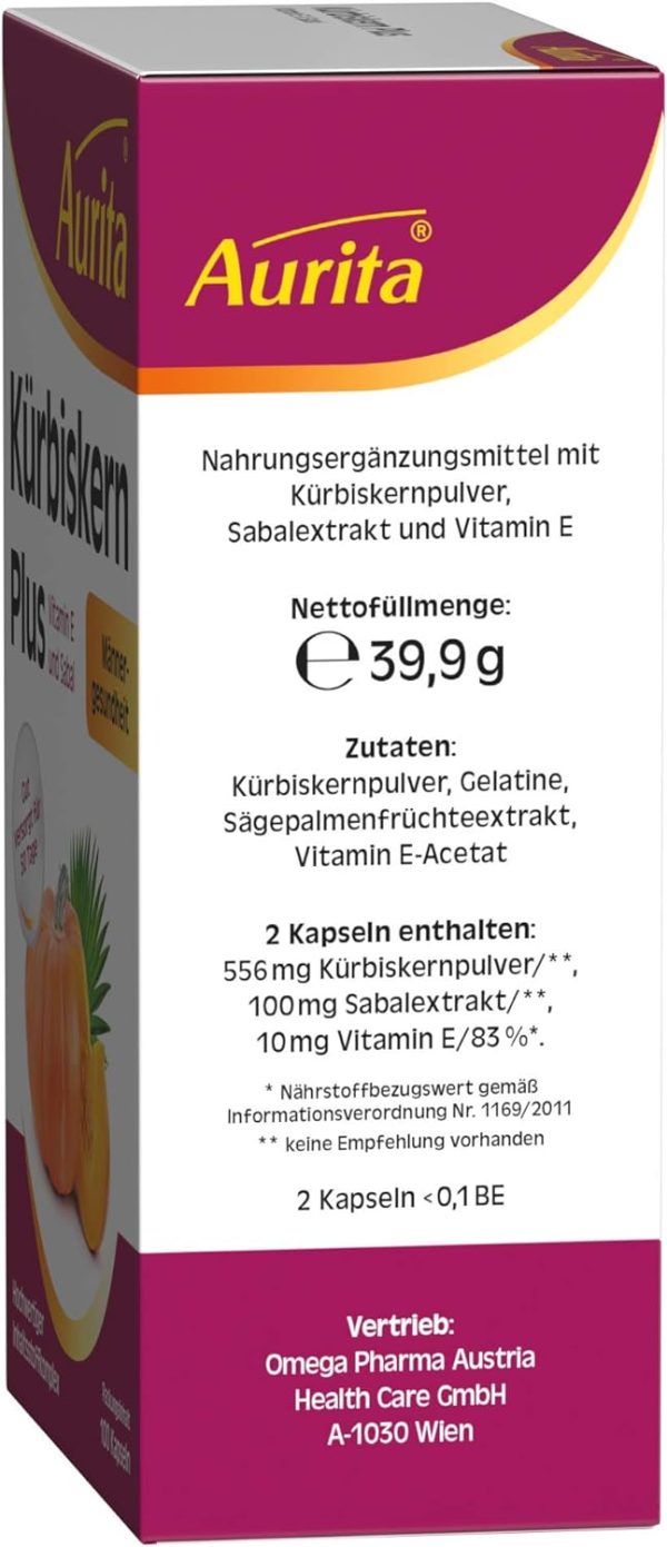 Aurita Kürbiskern Plus 100 Cápsulas, 1 Paquete (1 x 39.9g) Embalaje Deteriorado (Cad: 28 02 2027) Hot on Sale