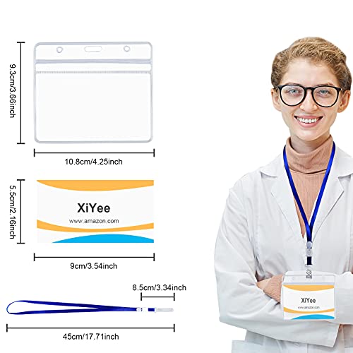 XiYee Tarjeta de Identificación, 50 Piezas Claro Plástico Nombre Etiqueta Badge Id Tarjeta + 50 Cuerdas De Cuello Plano Con Gancho Giratorio Funda de Tarjeta para Oficina y Negocios (Azul) Embalaje Deteriorado For Discount