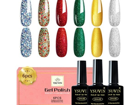 YSUVIN Pintauñas Semipermanentes Glitter, 6 Colores Glitter Azul Rojo Verde Oro Plata Esmaltes Semipermanentes para Uñas, Gel Uñas Soak Off UV LED Esmalte Uñas Nail Art Manicure Salon, 8ml Embalaje Deteriorado Discount