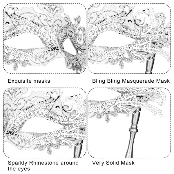 (Sin Palo) Máscara de Mascarada con Palo, Máscara de Disfraz de Halloween Veneciana para Mujer Fiesta de Mardi Gras (Plata) Embalaje Deteriorado Supply