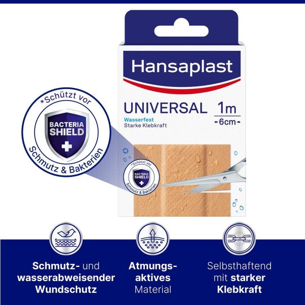 Apósito universal Hansaplast (1 m x 6 cm), apósito para heridas que repele la suciedad y el agua, rollo de apósito cortado a medida con fuerte poder adhesivo y Bacteria Shield Embalaje Deteriorado (Cad: 30 09 2028) Discount