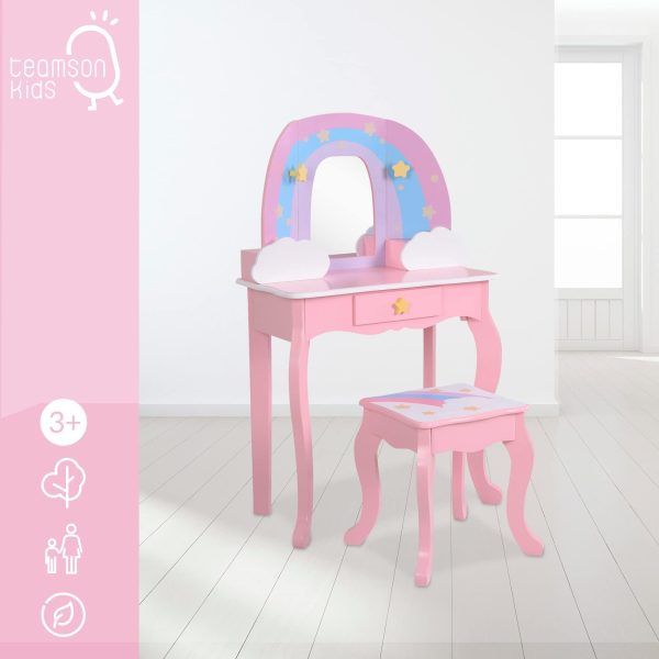 Woomax 85397 Teamson Kids - Tocador Infantil para niñas Arco Iris con Taburete y Espejo, Juguetes de Madera, Maquillaje para niñas Embalaje Deteriorado Cheap