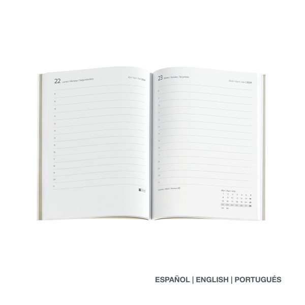 Agenda Anual 2024 Miquelrius, Día Página, Tamaño Journal 122 x 168 mm, Cubierta símil piel cosida, Doble cierre goma elástica, Español, Inglés y Portugués, Verde Embalaje Deteriorado Discount