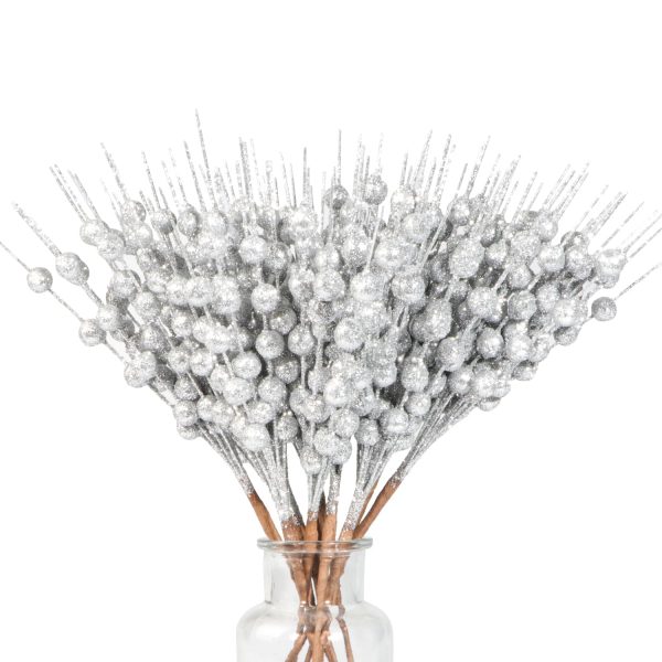 12 Piezas Decoración Ramas de Bayas Brillantes Tallos de Bayas Artificiales Plateado Bayas Ramas de Bayas Navideñas de Acebo Tallos Bayas de Navidad para Decoración de Invierno Árbol de Navidad,28CM Online Sale