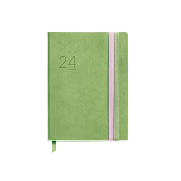 Agenda Anual 2024 Miquelrius, Día Página, Tamaño Journal 122 x 168 mm, Cubierta símil piel cosida, Doble cierre goma elástica, Español, Inglés y Portugués, Verde Embalaje Deteriorado Discount