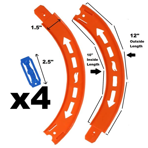 (Falta 1 Unidad, Incluye 3) Pack de 4 pistas curvas Hot Wheels con 8 piezas y 4 conectores de 10  de largo Embalaje Deteriorado Discount