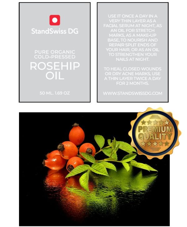 Aceite de rosa mosqueta puro PREMIUM ecológico, Rosehip Oil BIO sin refinar, alta capacidad regeneradora para piel, cabello, uñas, arrugas, estrías y cicatrices 50 ml Embalaje Deteriorado For Cheap