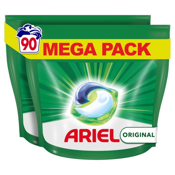 Ariel All-in-One Detergente Lavadora Liquido en Capsulas Pastillas, 90 Lavados (2x45), Original, Jabon 5 Acciones para una Limpieza Brillante en Frio Embalaje Deteriorado Cheap